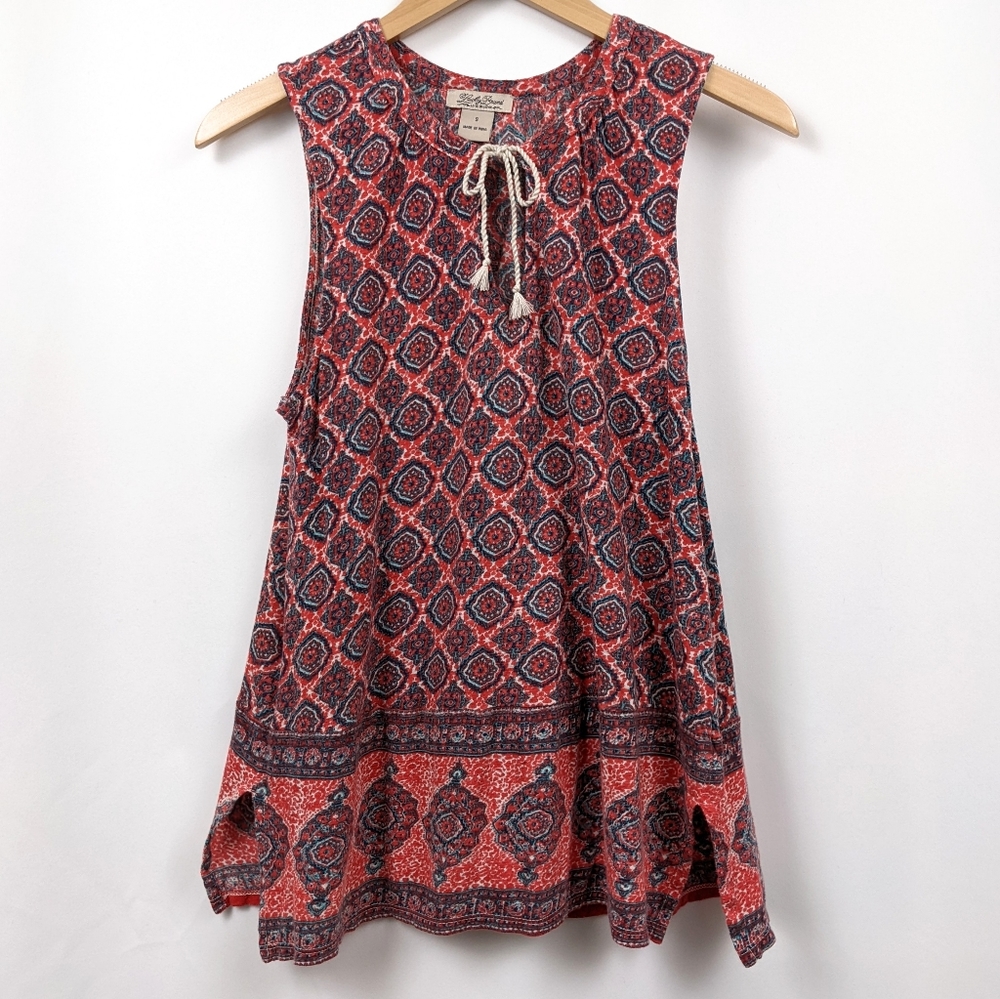 Lucky Brand Tank Top Ikat Print Keyhole Round Neck Tassel Ties Red & Blue Small